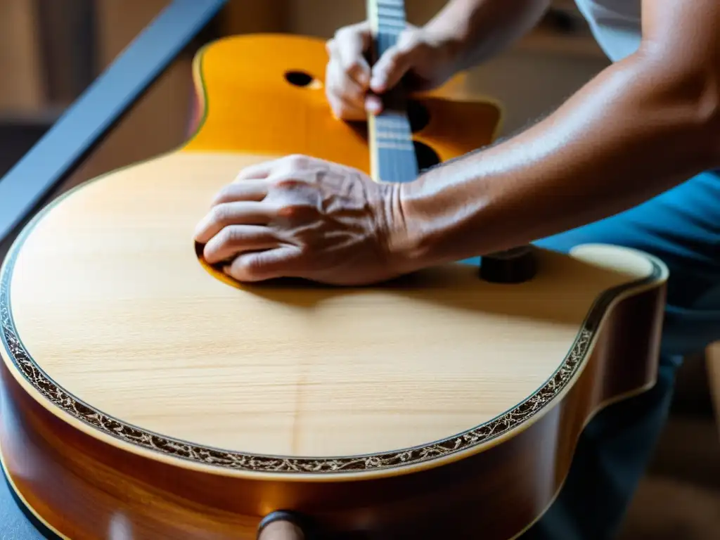 Un hábil artesano restaura una guitarra acústica tradicional, aplicando barniz y suavizando la veta de la madera