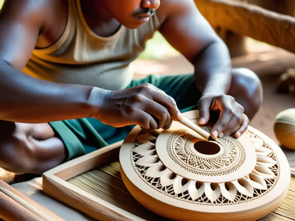 Un hábil artesano indígena elabora un instrumento musical tradicional con técnicas de fabricación indígenas, rodeado de materiales naturales como madera, arcilla y fibras vegetales