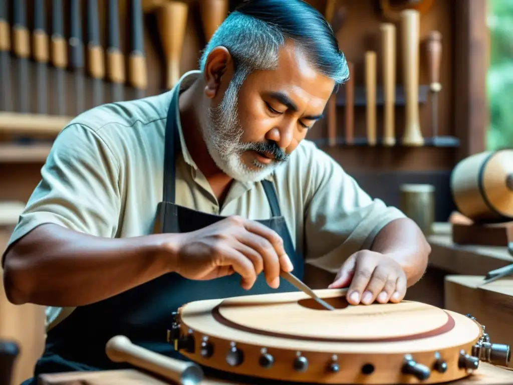 Un hábil artesano renueva instrumentos musicales olvidados con destreza y dedicación en un taller lleno de tradición y maestría