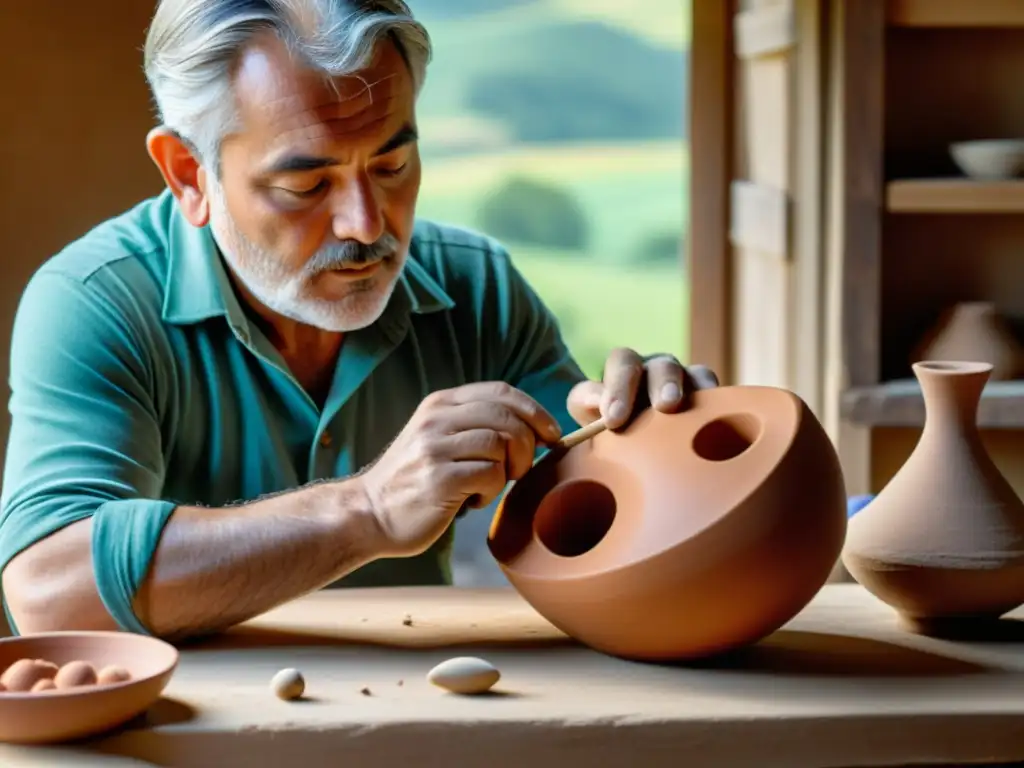 Un hábil artesano italiano esculpe con cuidado una ocarina tradicional de arcilla en su taller de campo