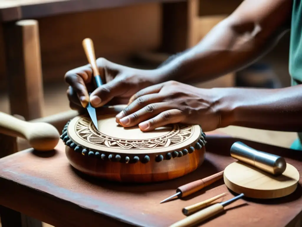 Un hábil artesano latinoamericano elabora con técnicas de percusión un instrumento musical tradicional, resaltando la rica herencia cultural