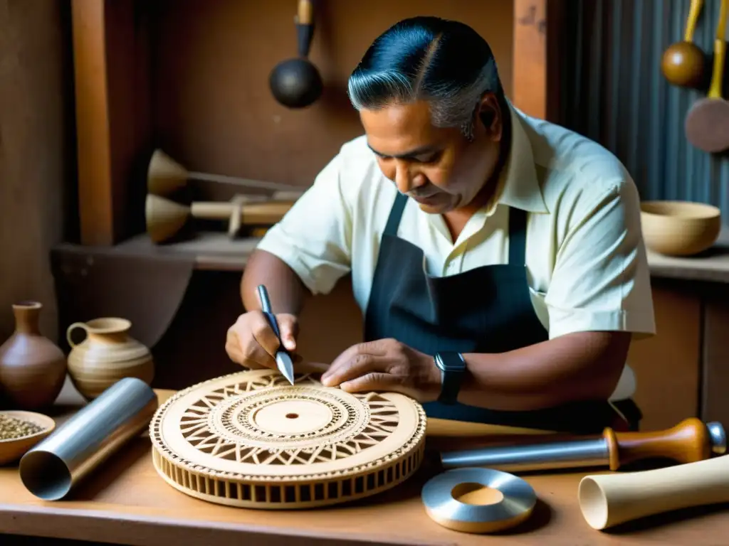 Un hábil artesano elaborando a mano un Acordeón Vallenato, resaltando la dedicación y la artesanía intricada en su construcción