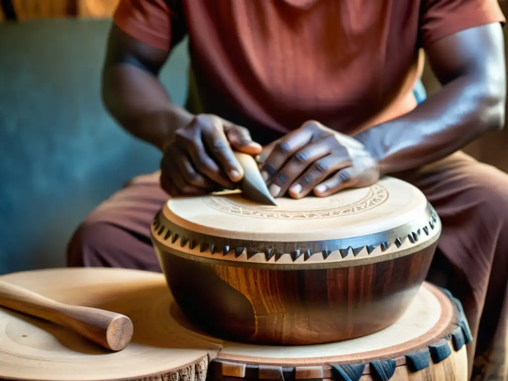 Un hábil artesano talla a mano un djembé de madera africana, destacando la artesanía y tradición en la construcción del instrumento