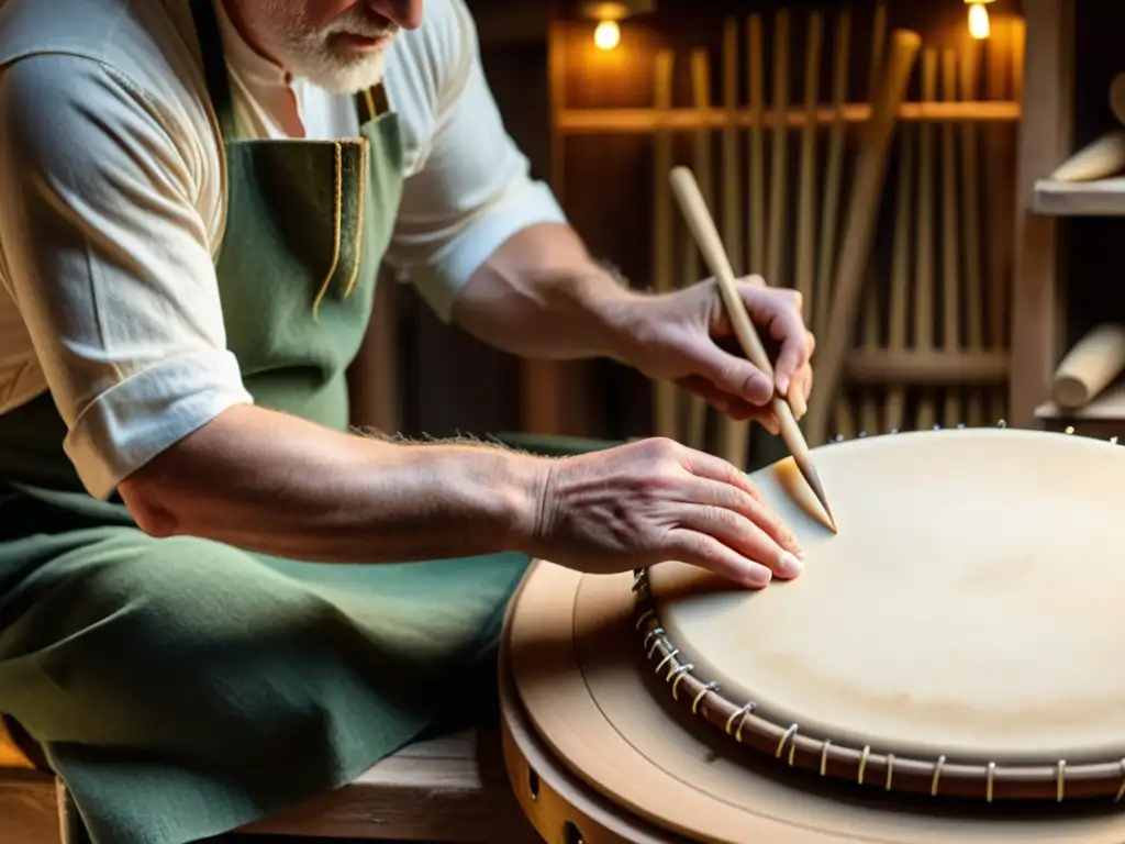 Un hábil artesano con manos curtidas crea un bodhrán irlandés en su taller, evocando una artesanía atemporal