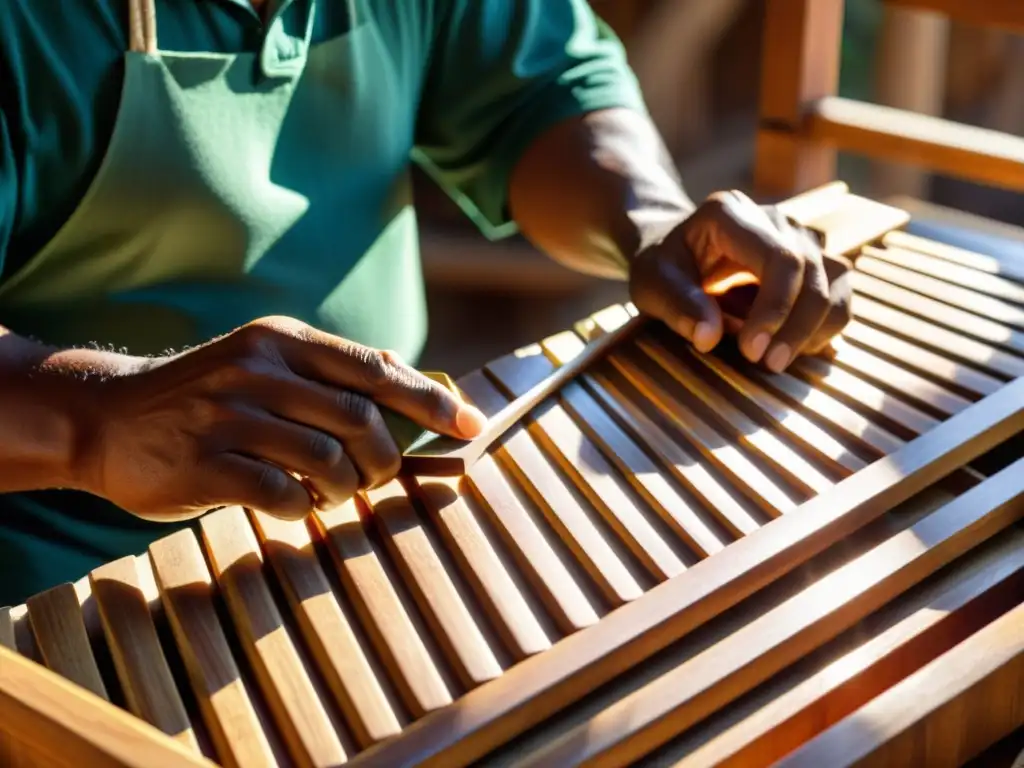 Un hábil artesano de marimbas talla diseños intrincados en la madera, reflejando la historia y resonancia de la marimba en Guatemala