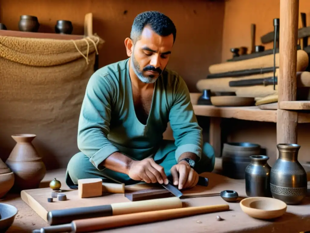 Un hábil artesano marroquí construye con precisión un Guembri tradicional, inmerso en la rica herencia cultural y artística de su creación