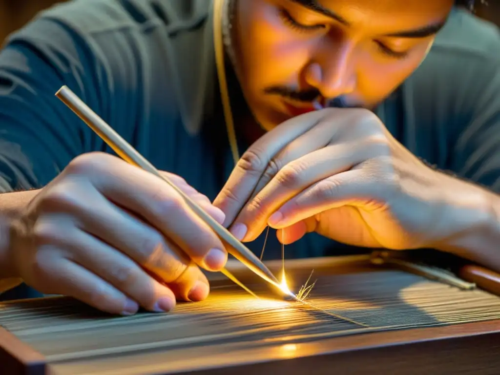 Un hábil artesano restaura con meticulosidad las delicadas cuerdas de un antiguo instrumento musical extinto, iluminado por una suave luz de velas