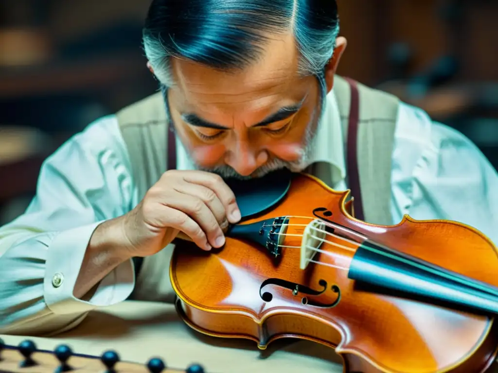 Un hábil artesano restaura con meticulosidad las delicadas cuerdas de un violín centenario, reflejando la historia reparación instrumentos musicales con reverencia y destreza