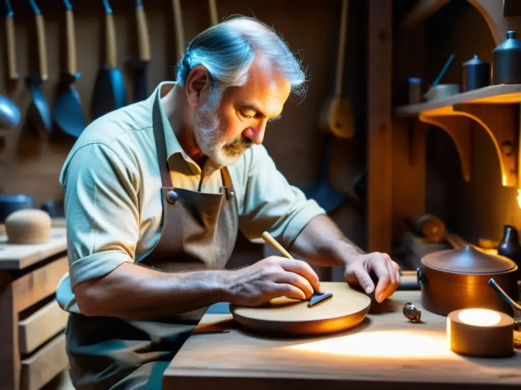 Un hábil artesano construye una Musette en su taller rústico, iluminado por una suave luz, capturando la esencia del Barroco Francés