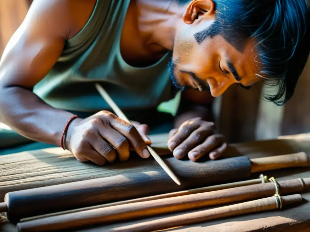 Un hábil artesano nepalí talla con destreza un Sarangi tradicional, revelando la historia y la dedicación detrás de su construcción