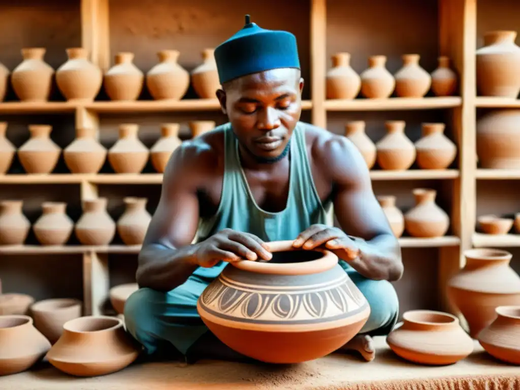 Un hábil artesano nigeriano moldea un Udu de cerámica, rodeado de estos instrumentos en diferentes etapas de elaboración