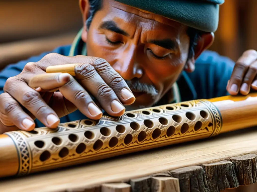 Un hábil artesano tallando patrones en madera para construir una zampoña andina, mostrando la rica herencia cultural y artesanal