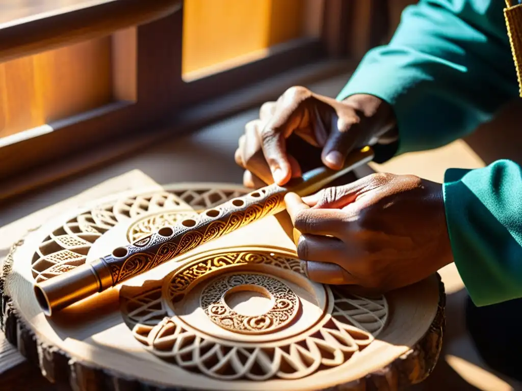 Un hábil artesano talla patrones tradicionales en una flauta dizi de madera, iluminado por el cálido resplandor del sol