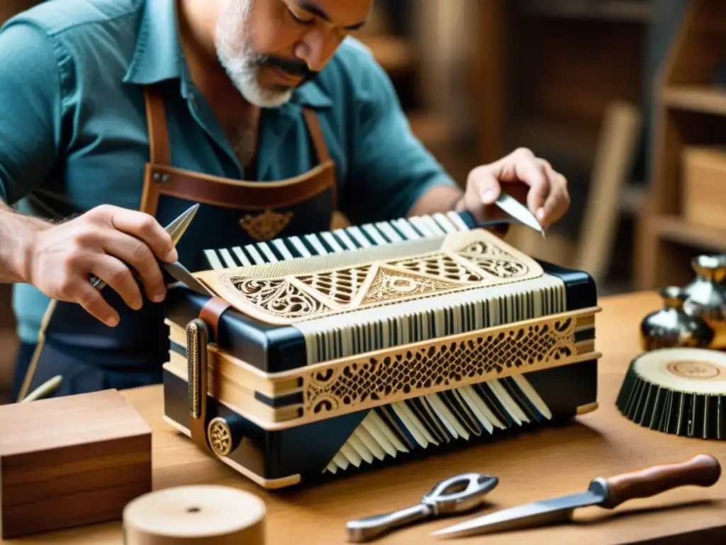 Artesano experto creando acordeón artesanal con precisión Un hábil artesano talla con precisión un acordeón, rodeado de herramientas e intensa concentración