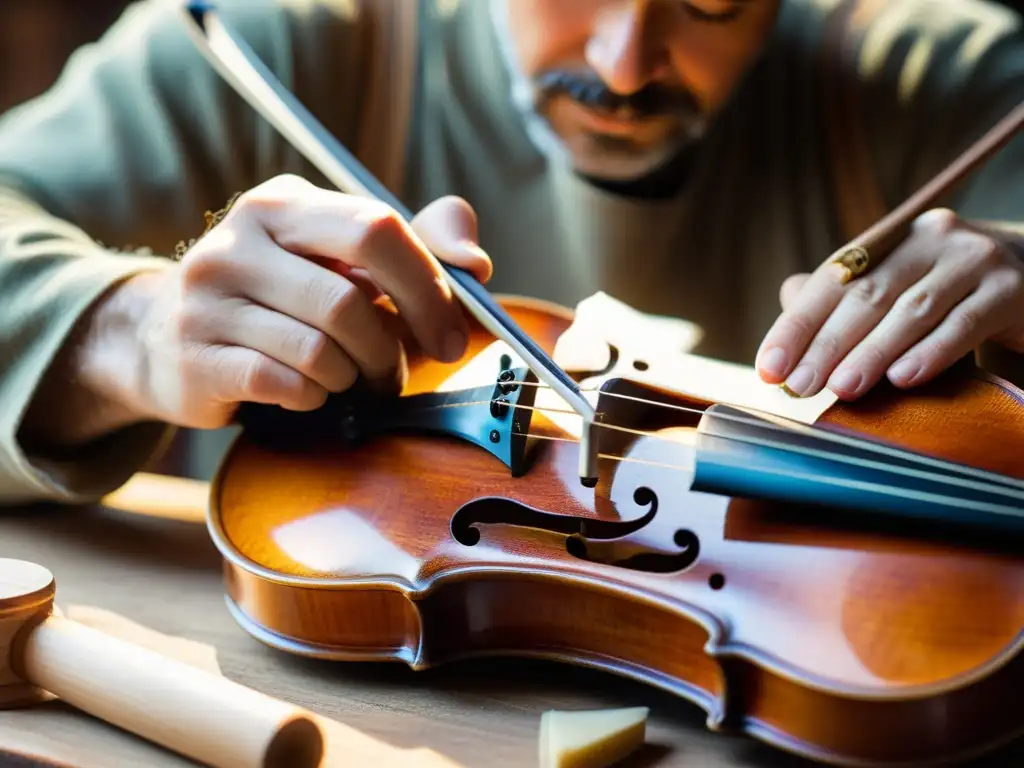 Un hábil artesano restaura con precisión una antigua violín, con herramientas vintage y libros de restauración de instrumentos musicales antiguos