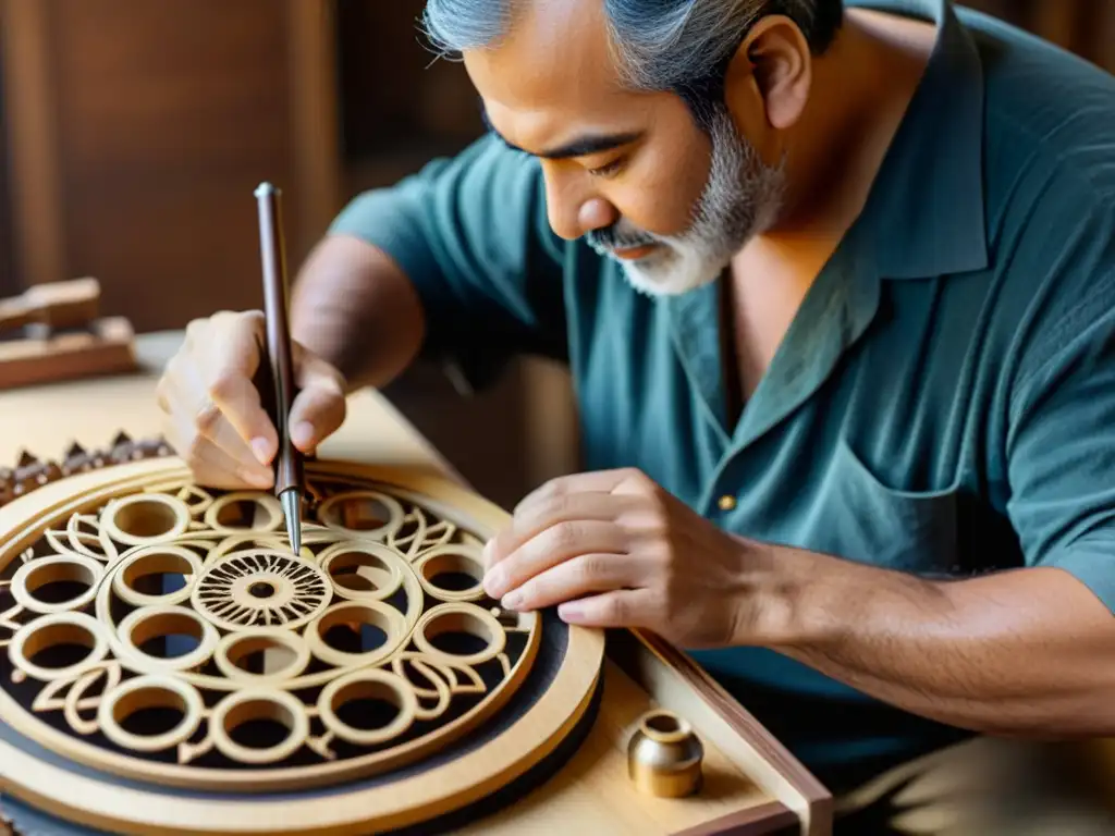 Un hábil artesano restaura con precisión un antiguo instrumento musical, mostrando la fusión de la artesanía tradicional y la tecnología moderna en la restauración