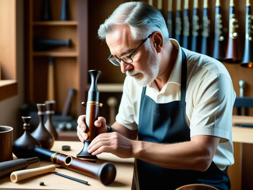 Un hábil artesano esculpe con precisión una elegante y refinada clarinete de madera, rodeado de instrumentos de viento