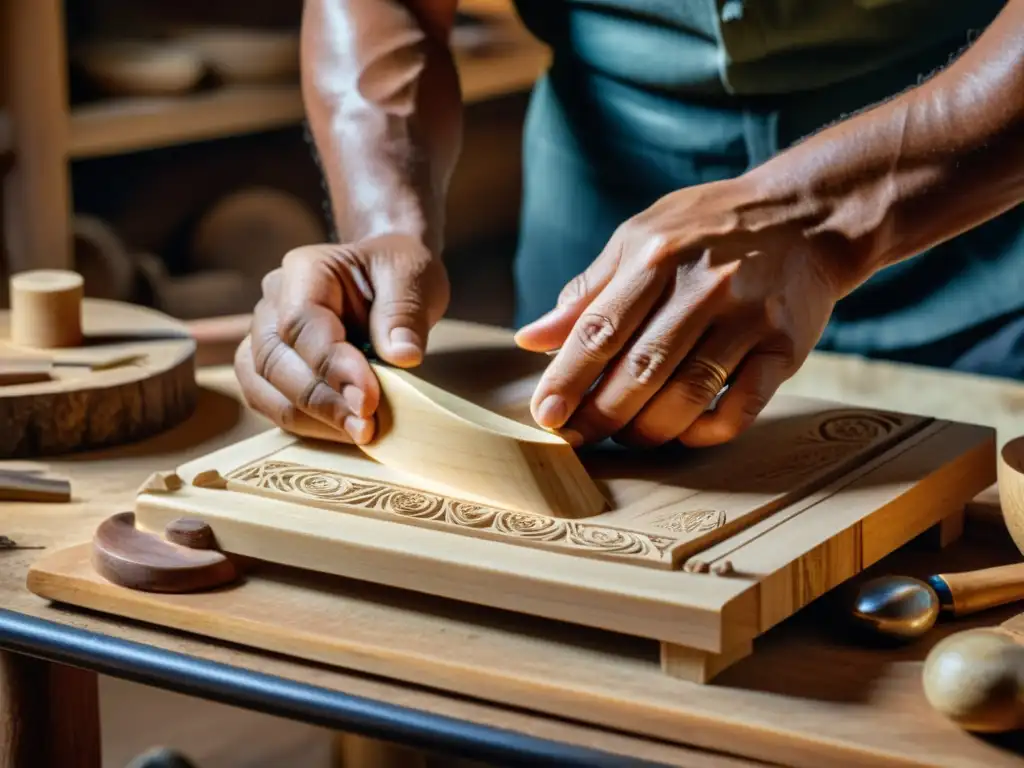 Un hábil artesano talla con precisión un instrumento musical tradicional, rodeado de herramientas y materiales específicos para la construcción de instrumentos musicales tradicionales