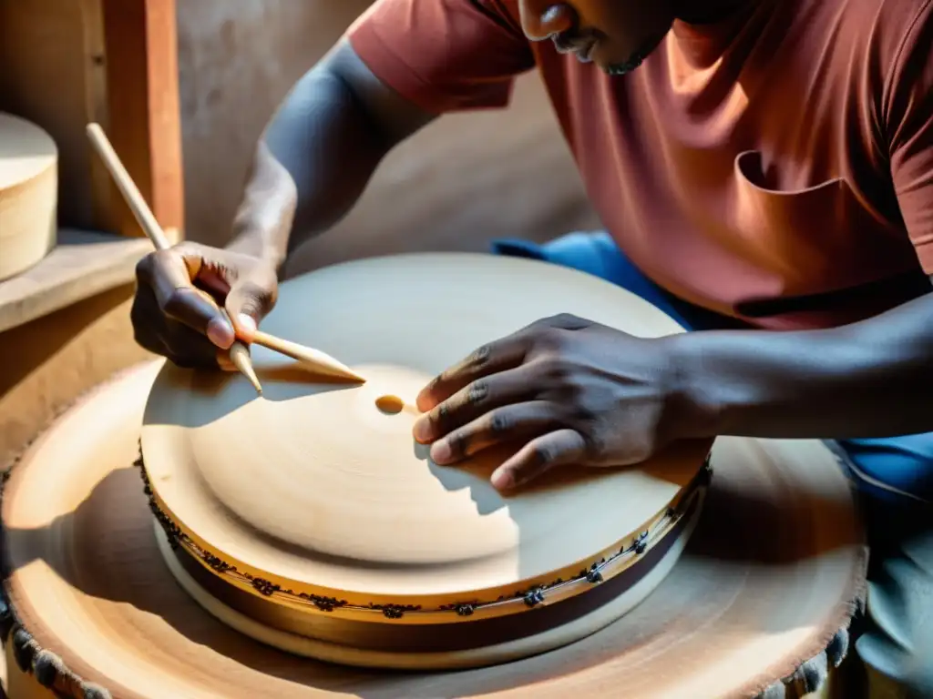 Un hábil artesano construye con precisión un surdo de segunda, mostrando la rica historia y construcción del surdo en la cultura del samba