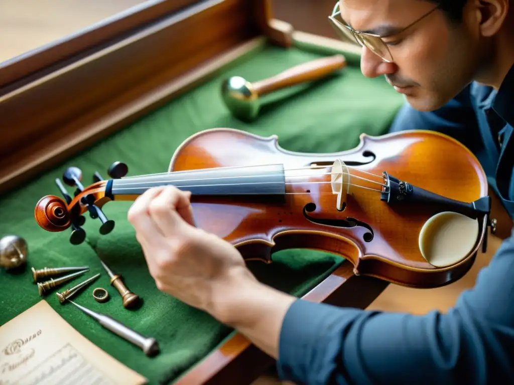 Un hábil artesano restaura con precisión un violín vintage, rodeado de herramientas delicadas, mostrando la artesanía detallada del instrumento