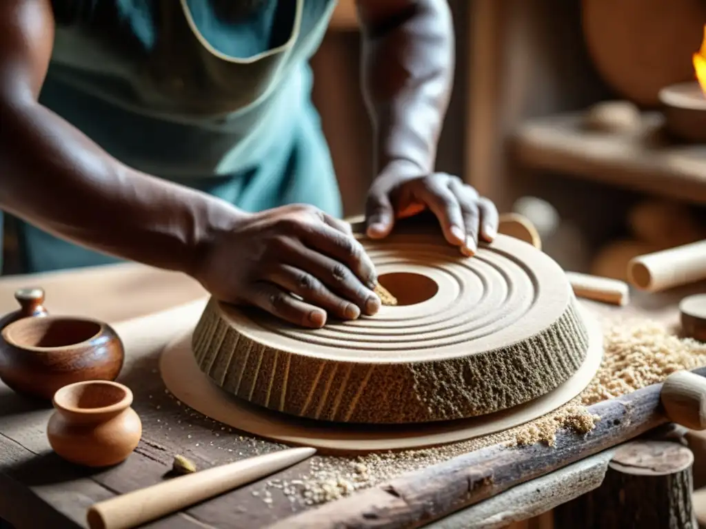 Un hábil artesano prehistórico talla un instrumento de percusión con herramientas tradicionales