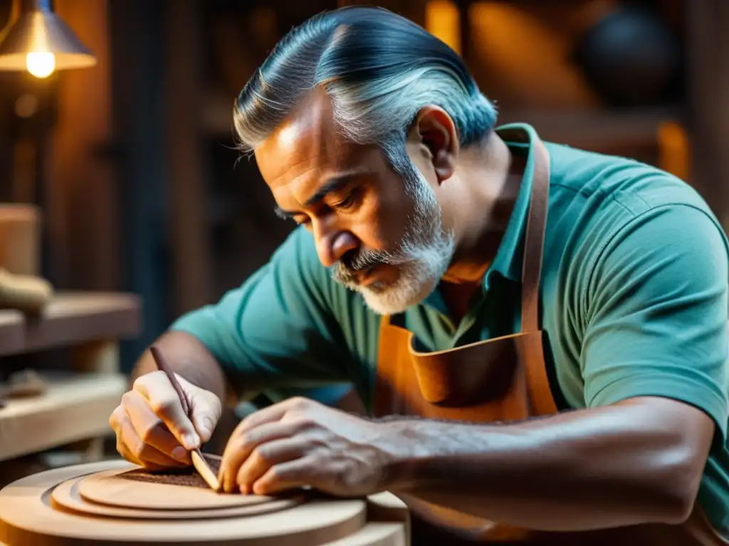 Un hábil artesano esculpe un Ronroco en madera oscura en su taller, destacando la artesanía del instrumento y la dedicación del artista