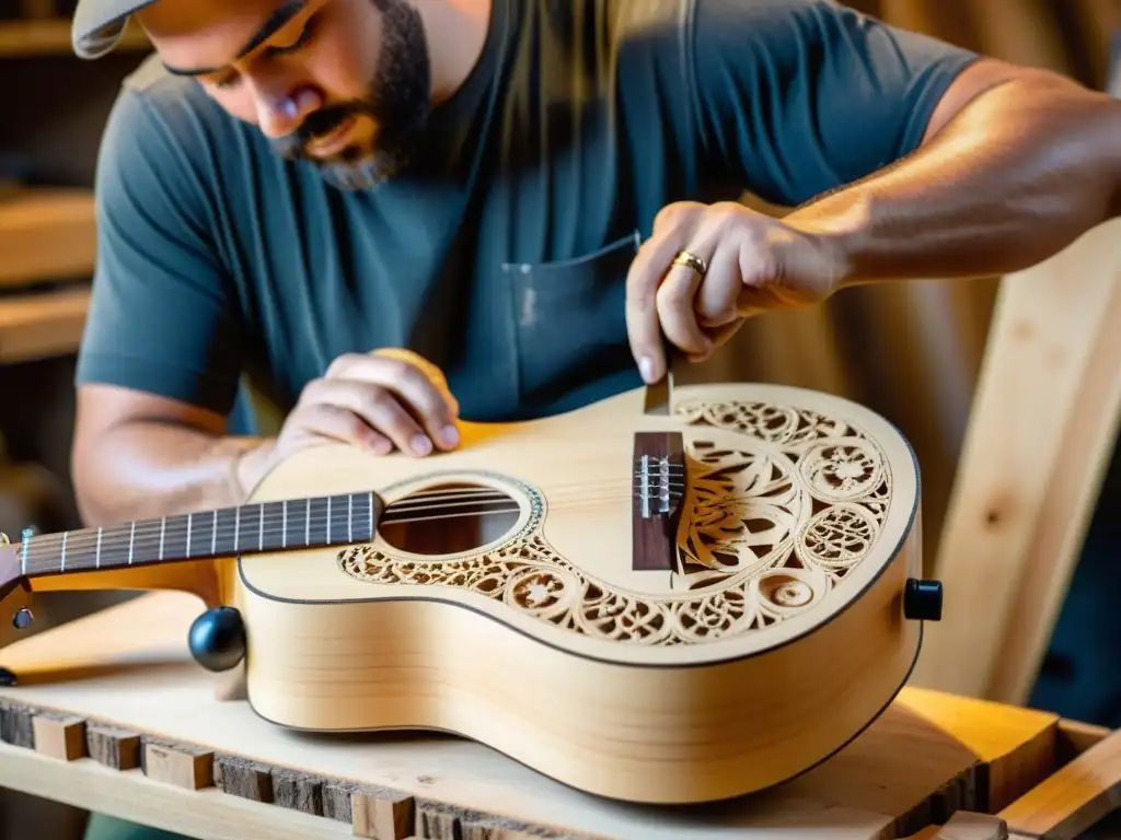 Un hábil artesano talla con cuidado y destreza una guitarra acústica con materiales reciclados en un taller lleno de instrumentos únicos