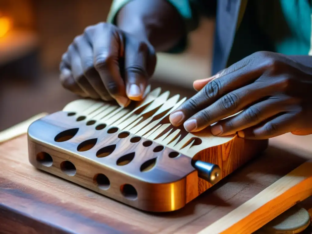 Un hábil artesano talla con delicadeza una kalimba africana, mostrando la historia y la construcción de este sonido tradicional