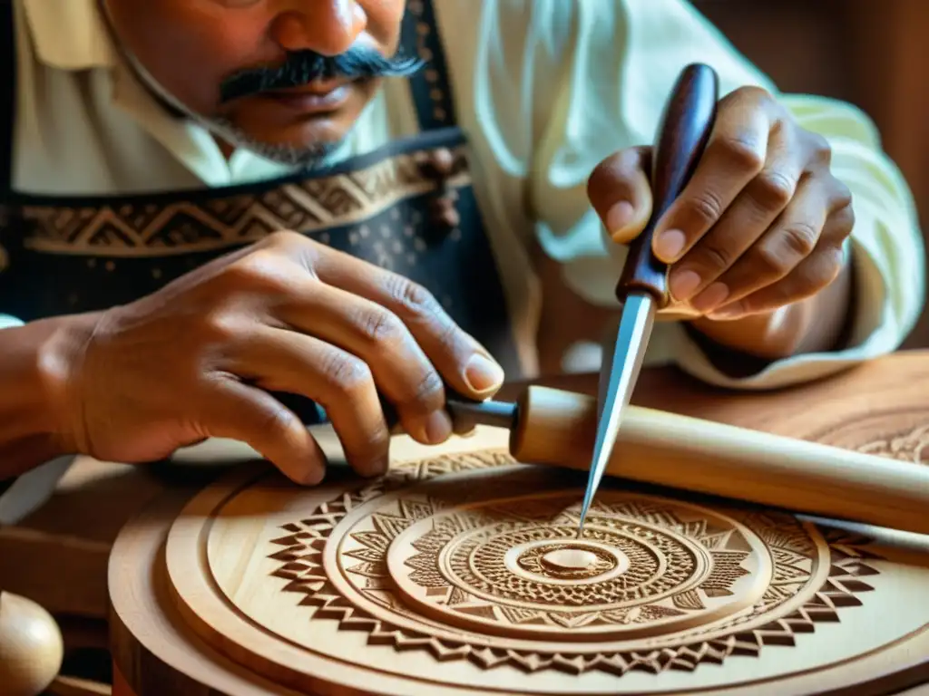 Un hábil artesano talla con destreza un requinto jarocho en madera, revelando la historia y construcción del instrumento