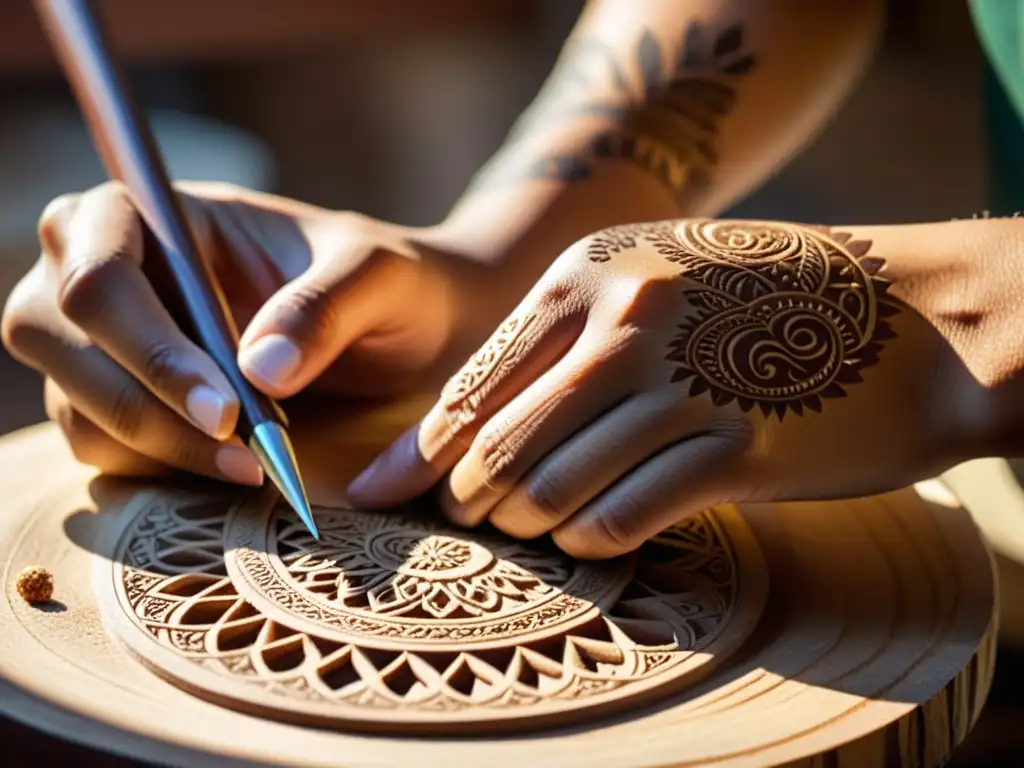 Artesano tallando salterio: destreza y tradición Un hábil artesano talla con destreza el cuerpo de madera de un tradicional salterio, con virutas esparcidas y una cálida luz solar, destacando la historia del salterio instrumento musical