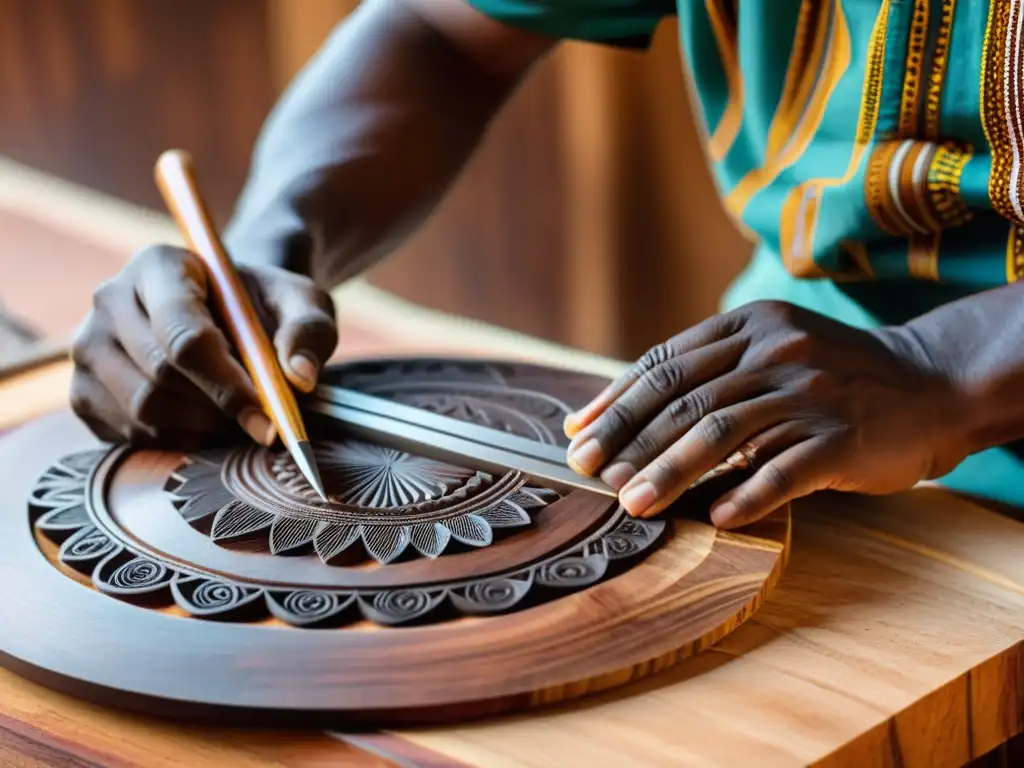 Un hábil artesano talla con precisión diseños en madera de palisandro africano para construir una marimba, resaltando la historia y la artesanía de la construcción de marimbas africanas