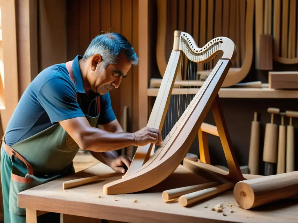 Un hábil artesano talla y da forma a la madera para construir una auténtica arpa paraguaya, rodeado de herramientas tradicionales