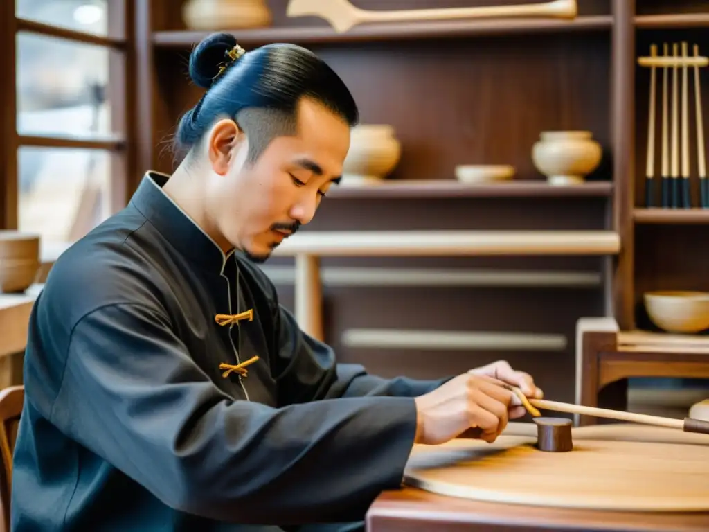 Un hábil artesano talla y da forma a un erhu chino con dedicación y emoción, rodeado de herramientas y atmósfera de tradición artesanal