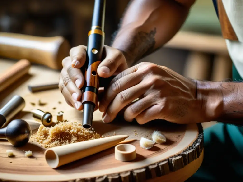 Un hábil artesano talla con precisión madera de granadillo sostenible para crear oboes y clarinetes ecológicos