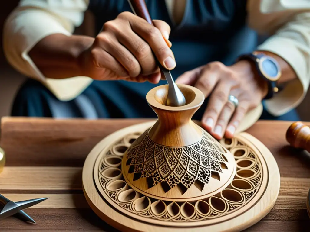 Un hábil artesano talla intrincados diseños en la madera de un oud, mostrando la historia y sonido del oud árabe