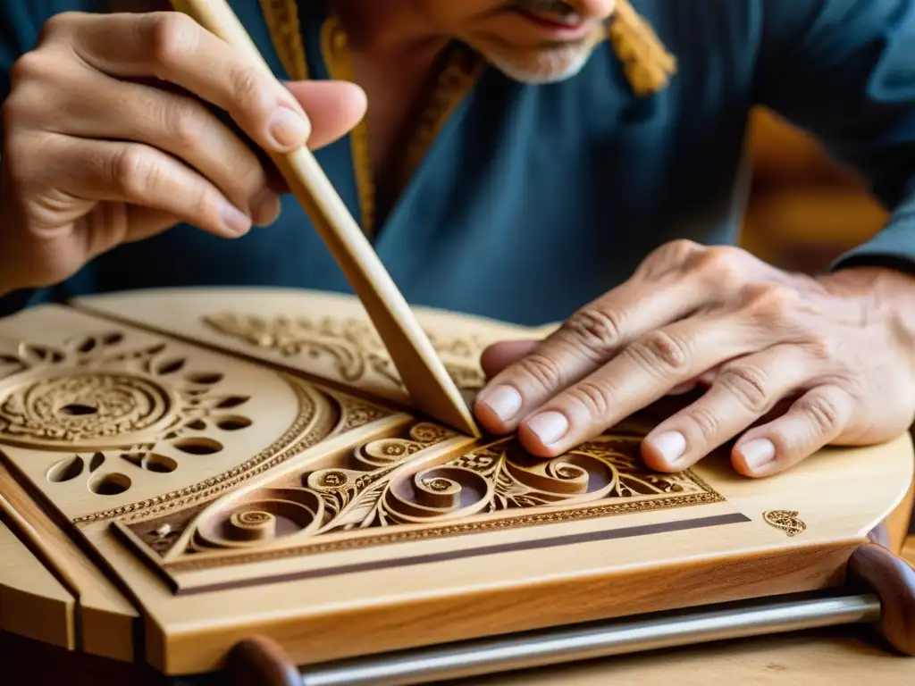 Un hábil artesano talla intrincados diseños en un dulcimer de martillo, destacando la meticulosa construcción de este instrumento musical amado