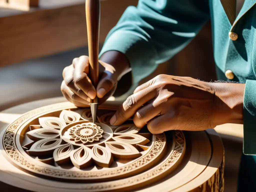 Un hábil artesano talla con precisión la madera de un instrumento tradicional, con destellos de luz en el taller