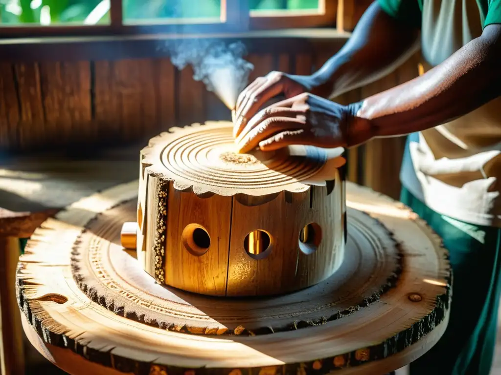 Un hábil artesano talla un tambor de tronco en un taller tropical, con luz dorada iluminando los detalles