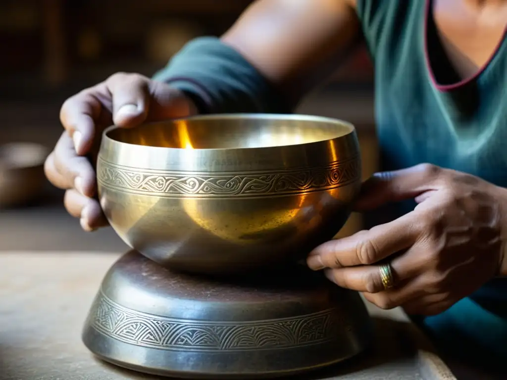 Un hábil artesano tibetano moldea una hermosa campana tibetana en un taller tradicional, creando patrones e intrincados diseños en el metal