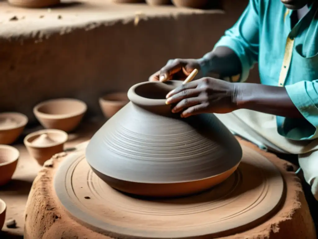 Un hábil artesano moldea una vasija de cerámica nigeriana Udu, capturando la esencia del sonido udu cerámica nigeriana con maestría y tradición