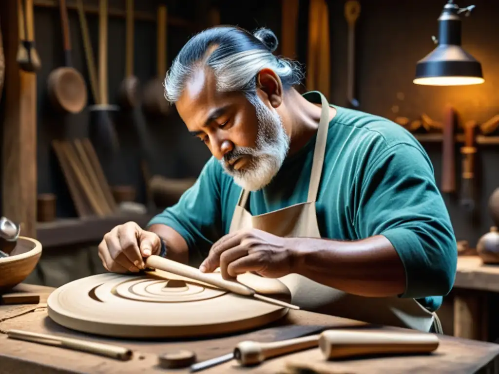 Un hábil artesano da vida a un instrumento musical prehistórico en su taller, reflejando el resurgimiento de instrumentos musicales prehistóricos