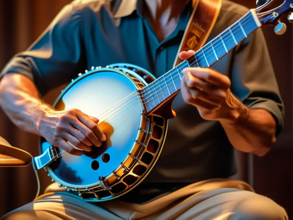 Un hábil intérprete de banjo ejecuta ritmos sincopados con destreza, destacando los movimientos y texturas del instrumento