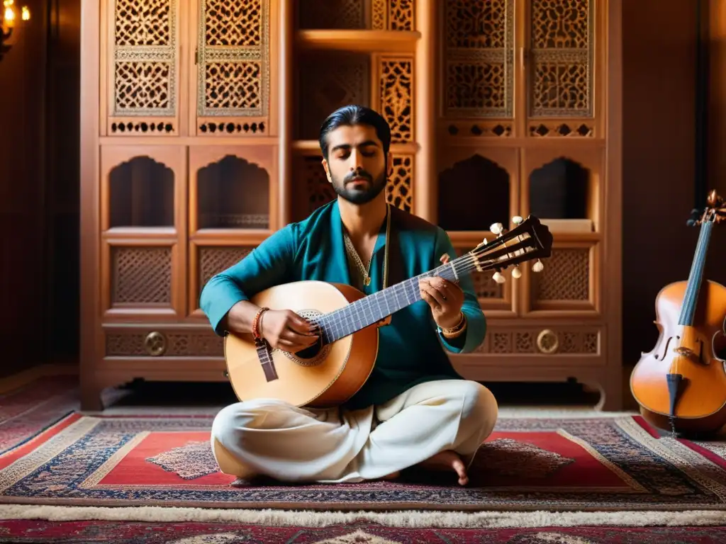 Un hábil intérprete de oud árabe se sienta en una colorida alfombra persa, sus manos dan vida a la música