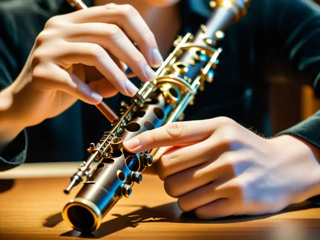 Un hábil oboísta ensambla con precisión las complejas piezas de su oboe, transmitiendo pasión y concentración en la técnica de oboe para principiantes