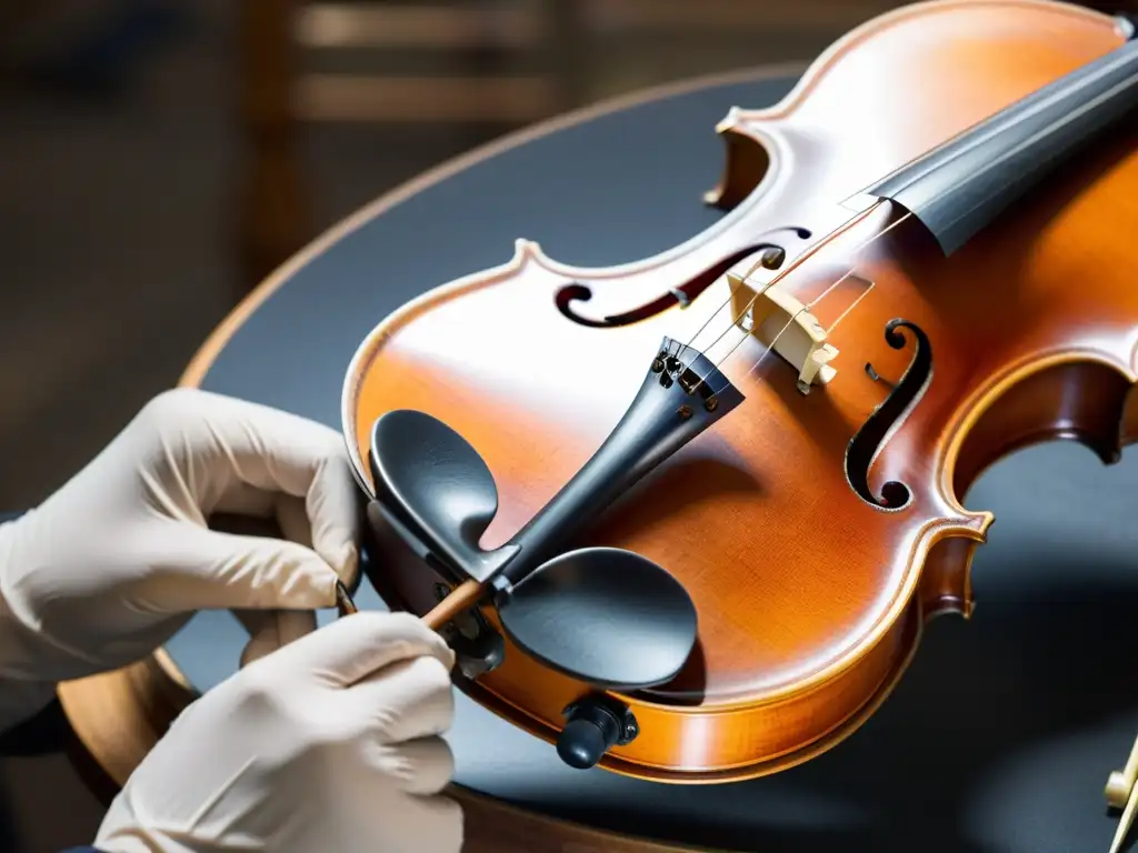 Restauración experta de violín centenario Un hábil conservador restaura con precisión un violín antiguo, resaltando los avances en conservación de instrumentos musicales