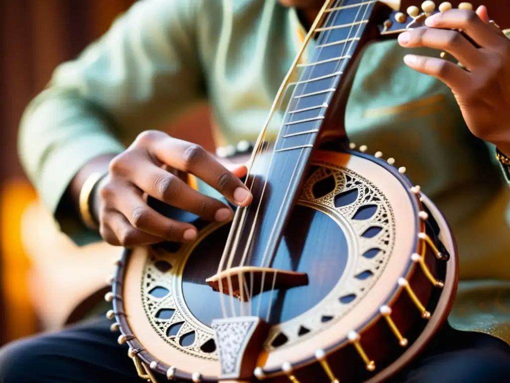 Un hábil intérprete de sitar toca con precisión las cuerdas del instrumento, destacando el detalle artesanal