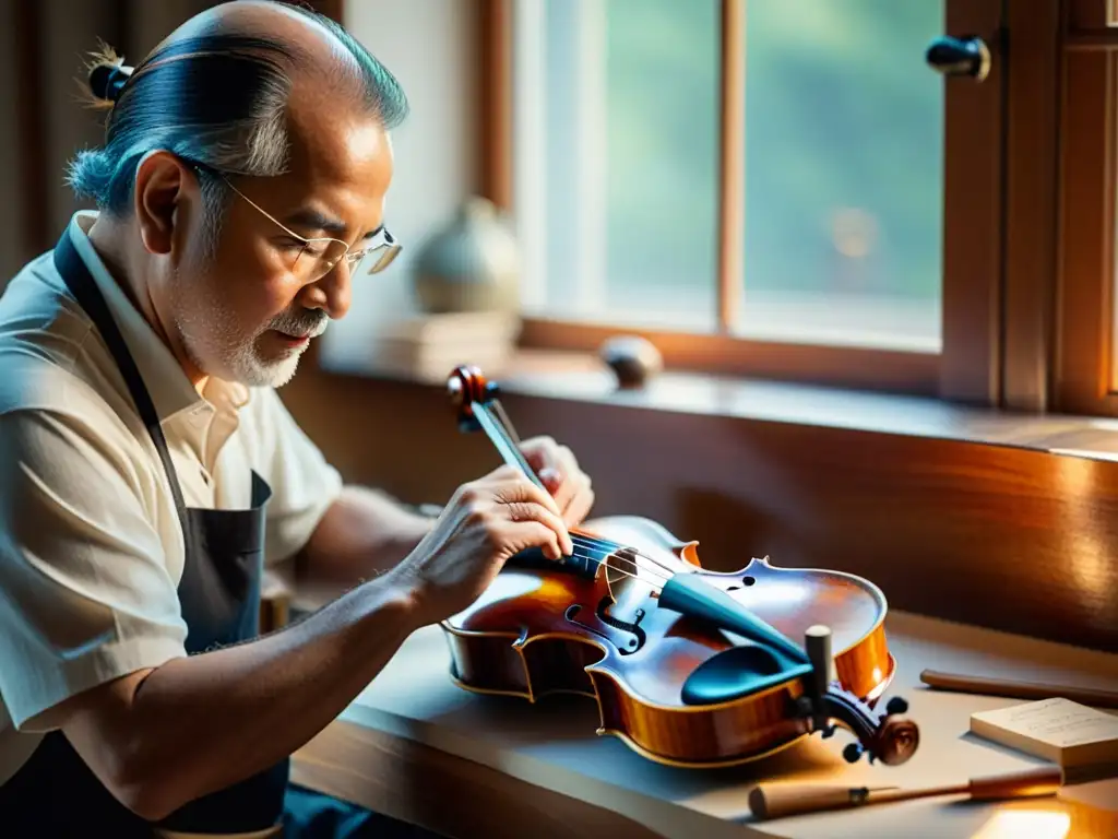 Un hábil luthier aplica con cuidado barniz a un violín, rodeado de herramientas y luz natural