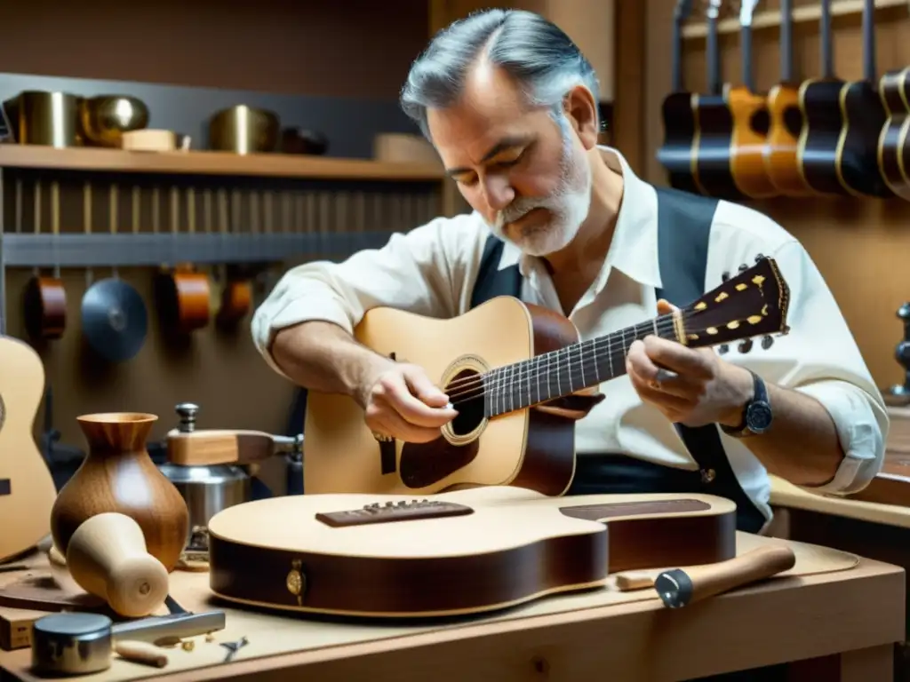 Un hábil lutier talla con cuidado el cuerpo de una guitarra de 12 cuerdas, rodeado de herramientas y virutas de madera