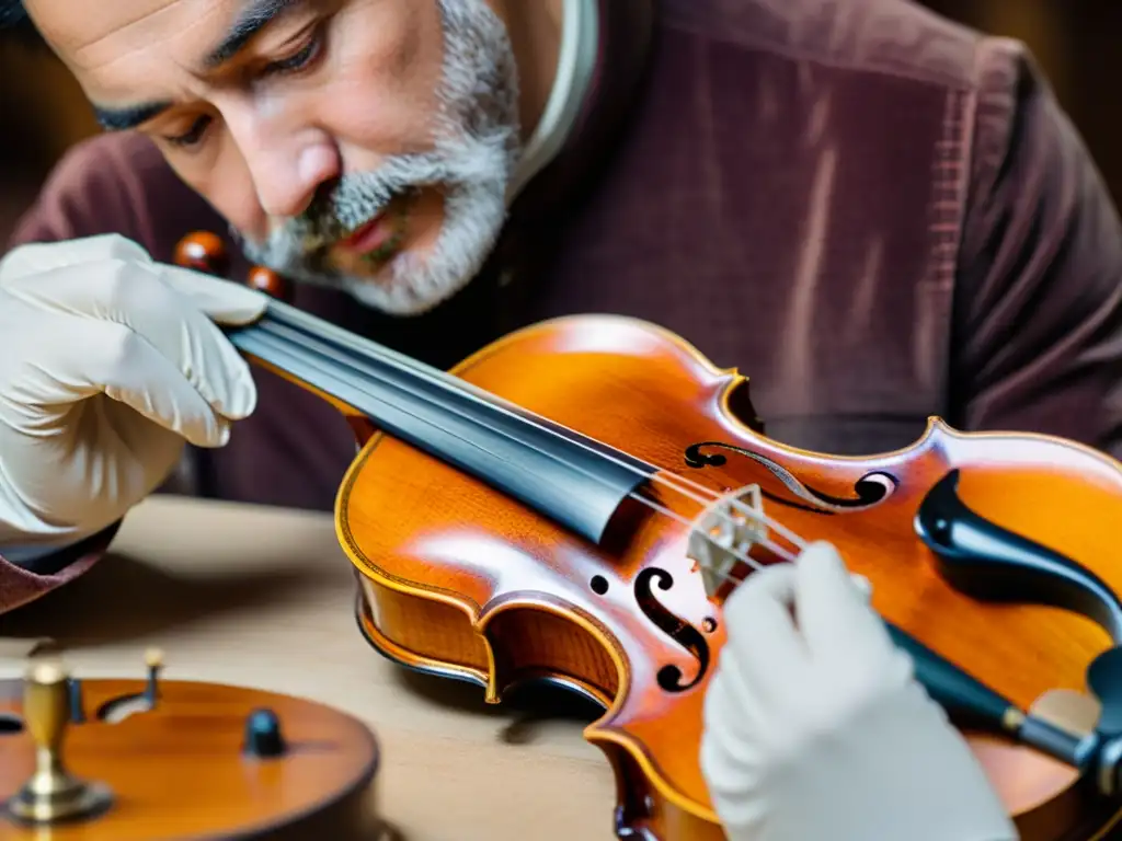 Un hábil luthier restaura con delicadeza la madera de un violín antiguo, mostrando la dedicación en la restauración de instrumentos musicales antiguos