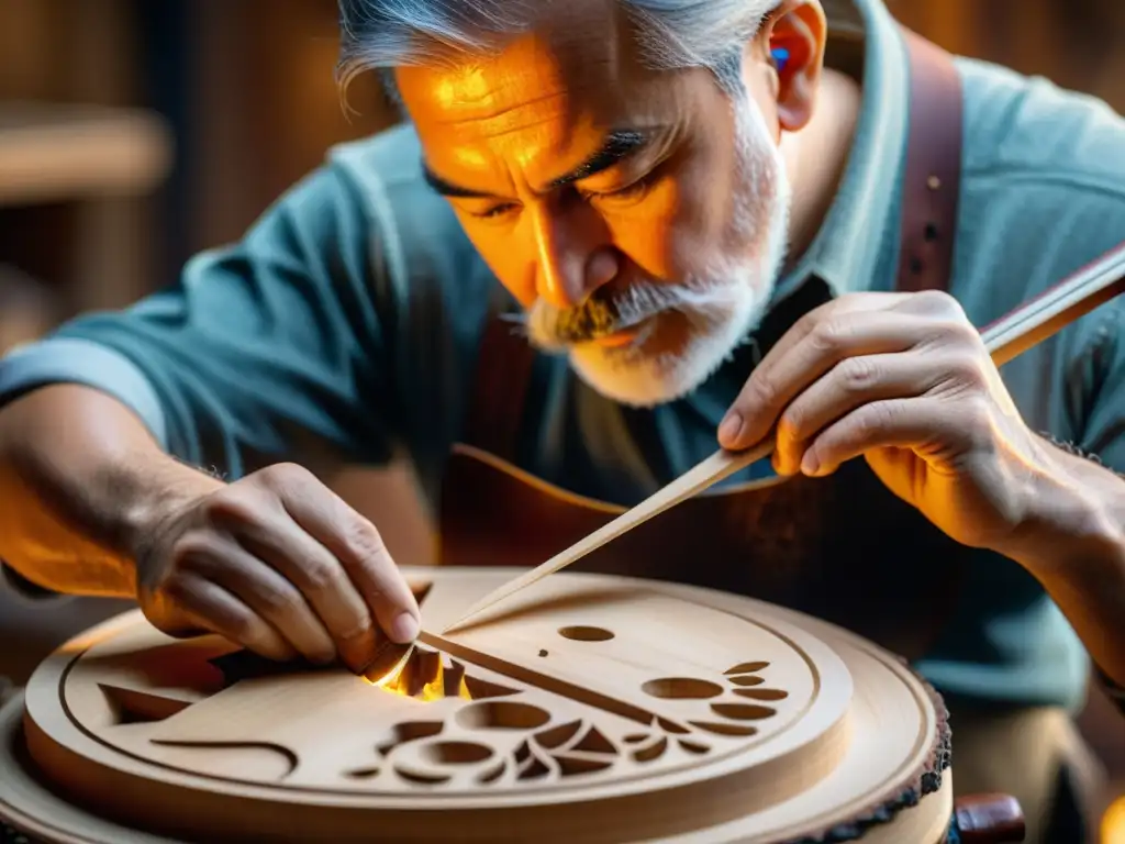 Un hábil luthier talla delicados diseños en madera de arce en su taller iluminado, evocando la tradición en técnicas de datación instrumentos musicales